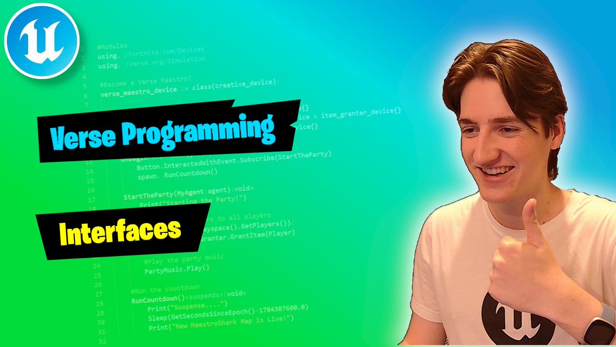 MaestroShark's tweet photo. NEW VERSE LESSON: Interfaces

Learn about interfaces, a flexible way to add behavior to your classes! Write it once, use it anywhere!

Go watch it, drop a like (SMASH IT), and subscribe :D

#UEFN #Fortnite #Verse
https://t.co/vxO0ZkBIgC https://t.co/8BXUDaYjvU