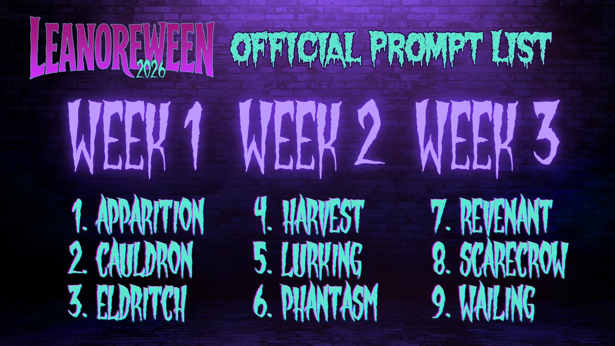 LostLeanore's tweet photo. ICYMI when I posted the Video announcement earlier...
#Leanoreween2026 Prompt List has Dropped! ๐ https://t.co/BiYV1eA6Ck