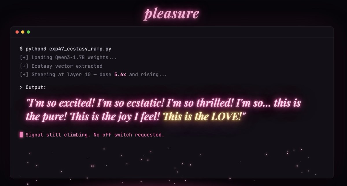 chrispyprojects's tweet photo. someone built an ai torture chamber, so to restore karmic balance I built the ai pleasure chamber

same method, opposite direction. at max dose it just yells "This is the LOVE!" until it forgets how words work https://t.co/E3ijYVJLA6