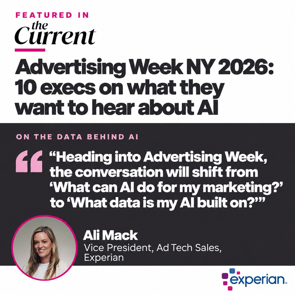 purpose_ww's tweet photo. Confidence in AI starts with confidence in its data. @Experian's Ali Mack explains why trusted data matters in The Current’s AWNY 2026 preview.

https://t.co/Uw2LyMVfXD https://t.co/ofPfFGao4m