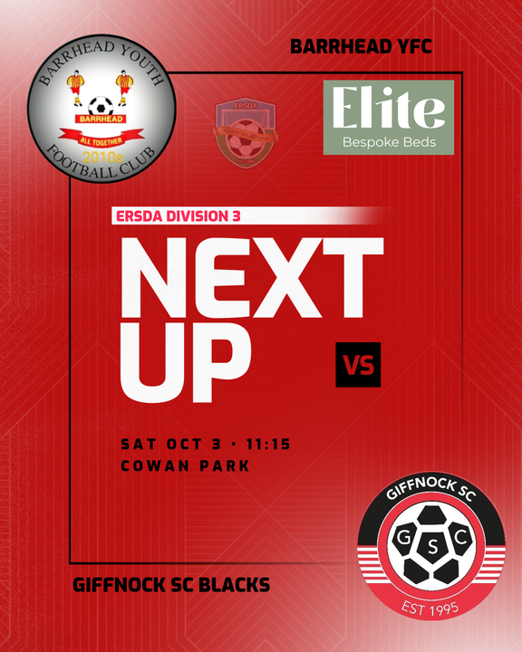 GiffnockSC2010's tweet photo. π΄β« Blacks Fixture Alert π΄β«
β½ Barrhead YFC vs Giffnock SC Blacks
π #Barrhead2
π ERSDA Division 3
π
Sat 3 Oct 2026
β° 11:15
π Cowan Park
#gscfamily #HereWeGo https://t.co/DSHCxEIS7G