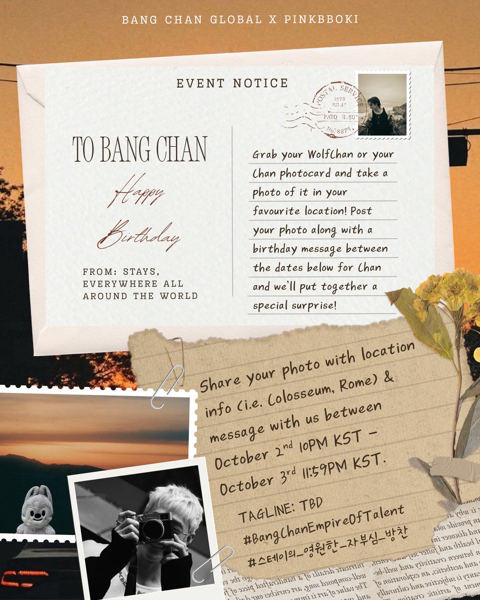 BangChanGlobal's tweet photo. 📣 | BIRTHDAY EVENT NOTICE

📸 Take a photo of WolfChan/Chan PC in your favourite location! 
✍️ Write Chan a birthday message
📩 Share with us along with the location of your photo (i.e. Colosseum, Rome)
🗓️10/02, 10PM KST - 10/03, 11:59PM KST

Cr: @pinkbboki 

#BangChan #방찬 https://t.co/VIPlNQALCf