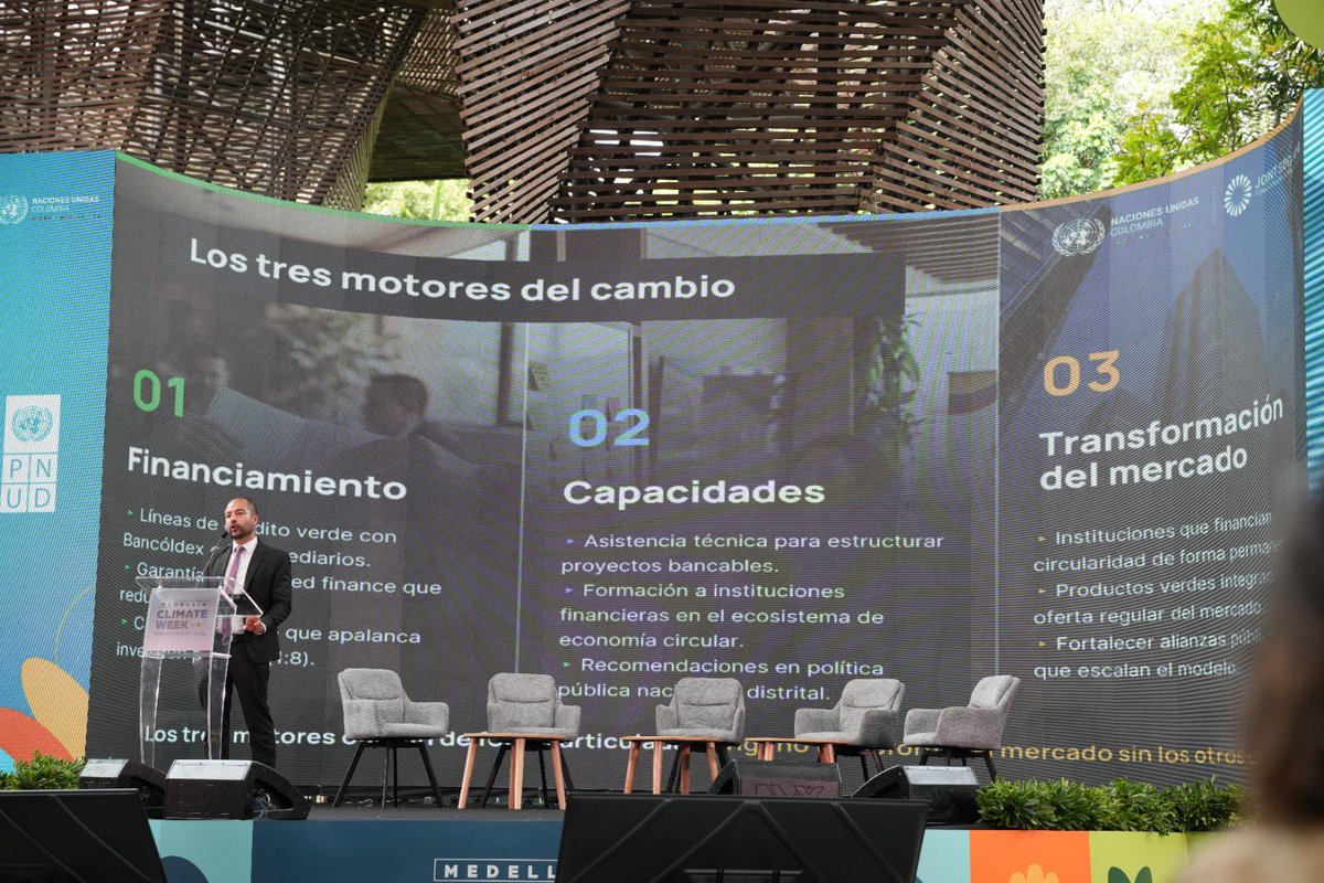 PnudColombia's tweet photo. 🍃Lanzamos Finanzas Verdes para una Transición Circular y Sostenible en la #ClimateWeekMedellin. Una apuesta de @onucolombia, a través de #PNUDColombia y @ONUDIColombia, con el apoyo del @JointSDGFund para una efectiva localización de los ODS👇🏻
#SDGLocalization @LisaKurbiel https://t.co/HApilp8sur
