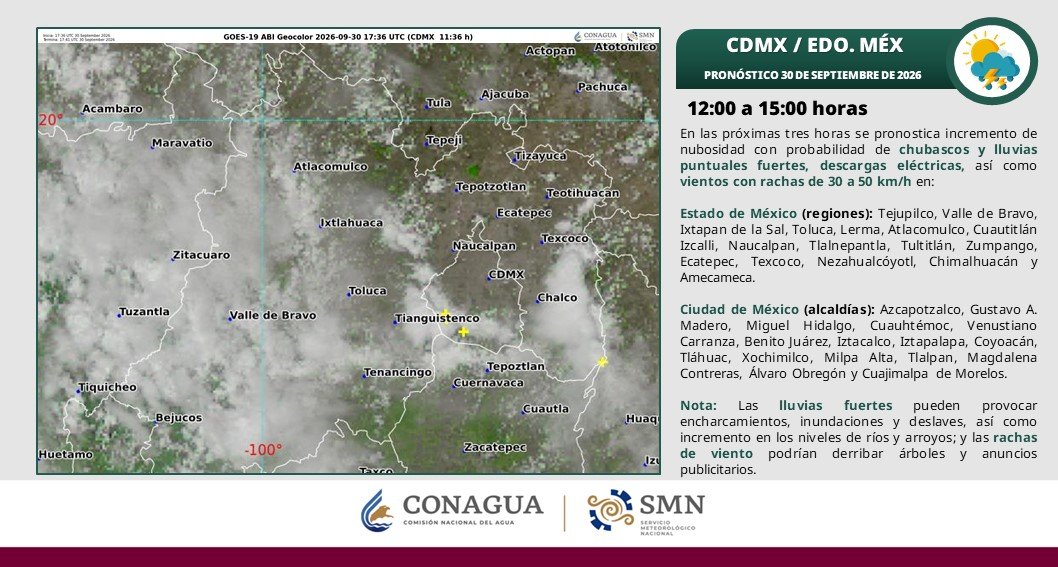 conagua_clima's tweet photo. De las 12 a las 15 horas se prevé aumento de nubosidad con posibles #Lluvias puntuales fuertes, #DescargasEléctricas y; #Vientos con #Rachas de 30 a 50 km/h en zonas del #EdoMéx y la #CDMX.

Más detalles ⤵️ https://t.co/KoEro4AU8i