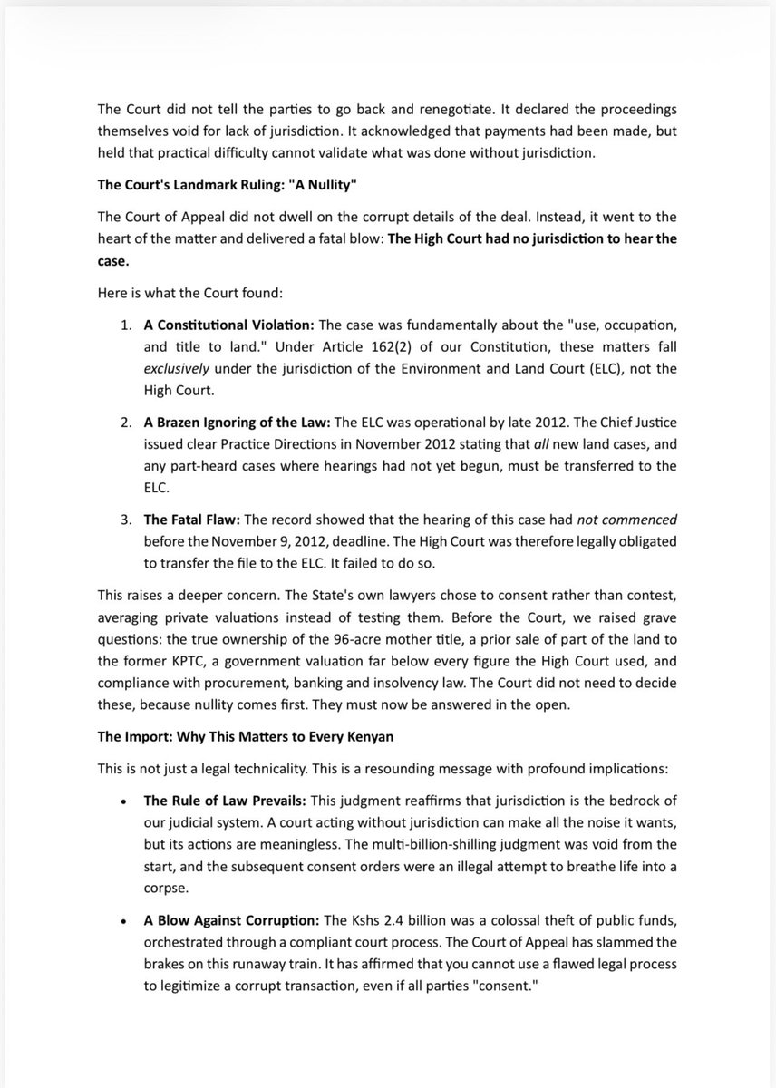 OkiyaOmtatah's tweet photo. A significant victory for public interest and the rule of law.

The Court of Appeal has declared null and void the proceedings and consent orders that led to the KSh 2.4 billion payment over the Ruaraka public land dispute, holding that the High Court lacked jurisdiction to hear the matter. The case has now been remitted to the Environment and Land Court for fresh determination.

This judgment reinforces a basic constitutional principle: public land and public money must be protected through lawful and transparent processes.

The next step is accountability. Every shilling paid under the void orders must be accounted for, and the responsible institutions must act on the Court’s decision.