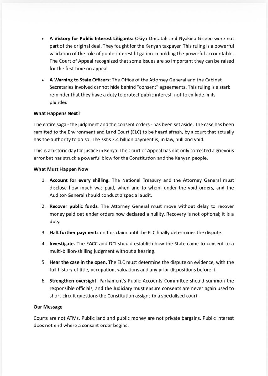 OkiyaOmtatah's tweet photo. A significant victory for public interest and the rule of law.

The Court of Appeal has declared null and void the proceedings and consent orders that led to the KSh 2.4 billion payment over the Ruaraka public land dispute, holding that the High Court lacked jurisdiction to hear the matter. The case has now been remitted to the Environment and Land Court for fresh determination.

This judgment reinforces a basic constitutional principle: public land and public money must be protected through lawful and transparent processes.

The next step is accountability. Every shilling paid under the void orders must be accounted for, and the responsible institutions must act on the Court’s decision.