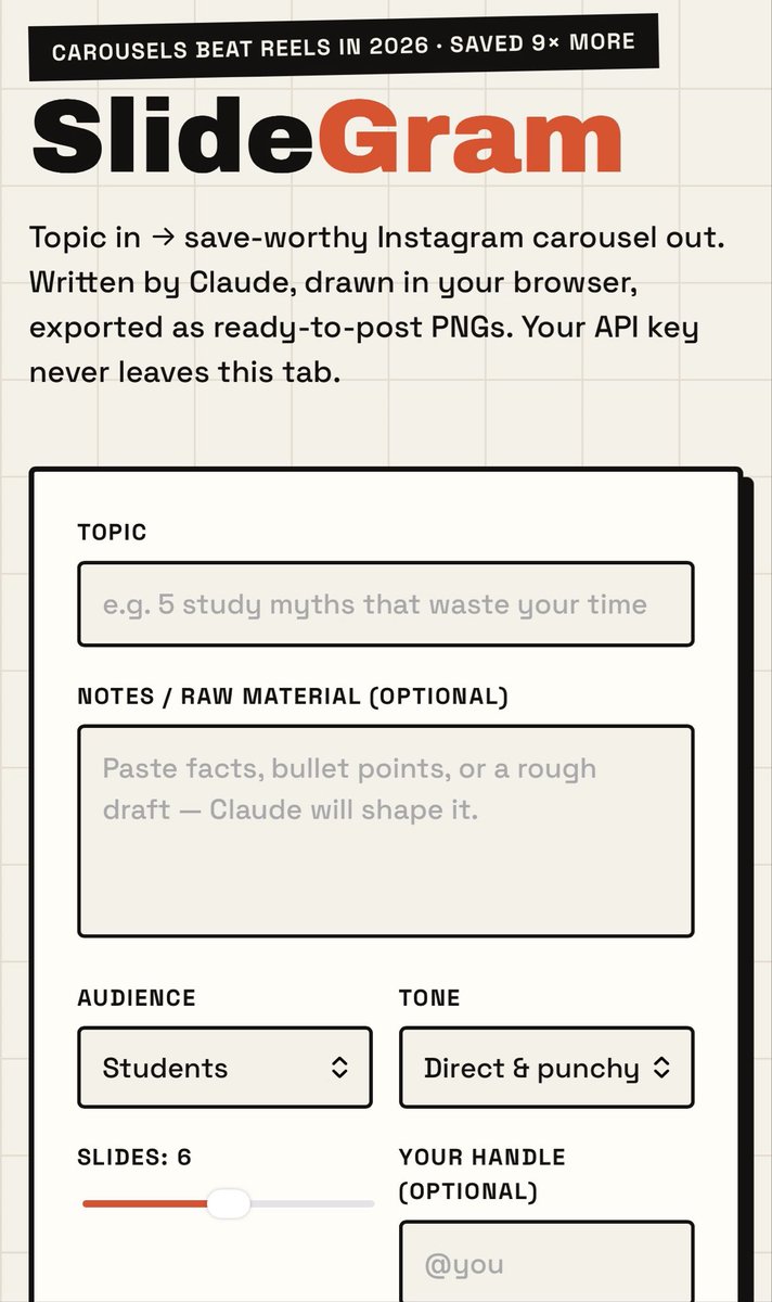 wizardofhahz's tweet photo. Instagram carousel beat reels views and was saved 9x more in 2026.

AI Instagram carousel maker. Fable 5 writes the deck, your browser renders 1080x1350 PNGs. 

https://t.co/3dC4xXERro https://t.co/mqQ434D9lB