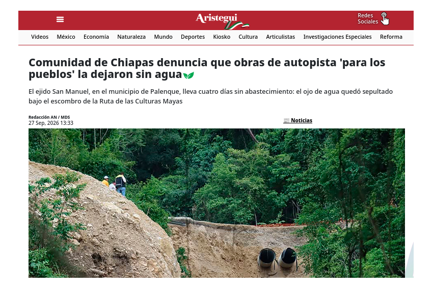 CdhFrayba's tweet photo. 👉🏽 Vía: Aristegui Noticias

Comunidad de Chiapas denuncia que obras de autopista 'para los pueblos' la dejaron sin agua

🧾 ➡ https://t.co/OqS6jXdvff

🔗 https://t.co/uWqxIRRdmp
#noalosmegaproyectosdemuerte #altoalasupercarretera #noalacarreterasancristobalpalenque #sialavida https://t.co/heMx9kLHmW