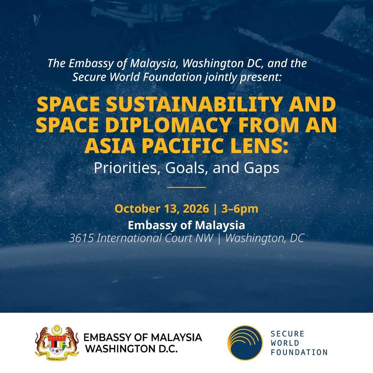 SWFoundation's tweet photo. How are Asia-Pacific countries approaching space sustainability and diplomacy?

Join SWF &amp; the Embassy of Malaysia on Oct. 13, 3–6 p.m. in Washington, DC, for a discussion on regional priorities and global cooperation.

RSVP by Oct. 11:
https://t.co/vmq7ZCxAo0 https://t.co/IpmpY9uYBW