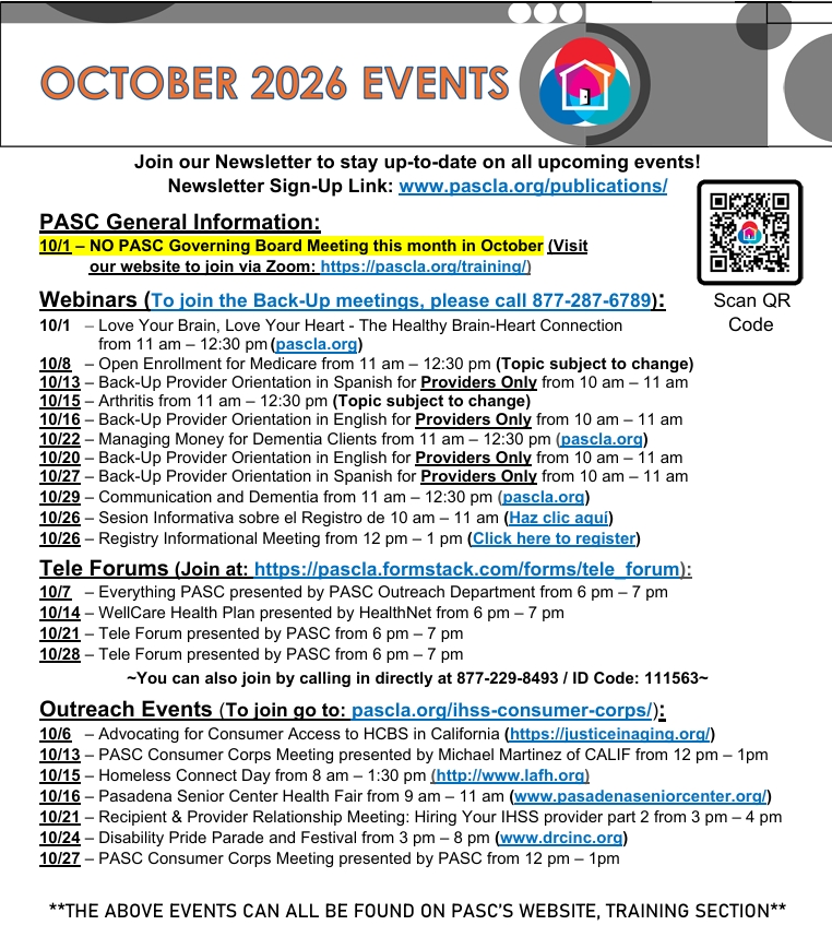 pasc_la's tweet photo. Mark your calendars!
Webinars:
To join the back-up meetings, please call 877-287-6789.
Tele Forums:
To join, call 877-229-8493 and enter ID Code: 111563, or visit:
https://t.co/itzUKMOzrC
Outreach Events:
To join, visit https://t.co/6qduddU639
#Providers #IHSS #PASC #LAcounty https://t.co/BUJl22adVK