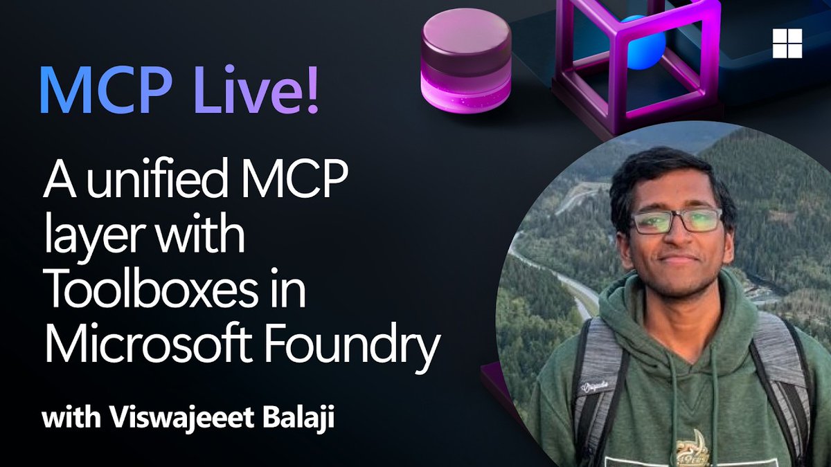 AzureDevOps's tweet photo. 🤖 MCP, but enterprise-ready.

Microsoft Foundry Toolboxes provide a unified MCP layer with 🔍 runtime tool discovery, 🔗 OpenAPI + A2A integration, 🛡️ centralized auth, and reusable governance across agents.

Build once. Reuse everywhere. ⚡

🎥 Watch: https://t.co/qjWbgQvMRg https://t.co/PjSXhr3iKw