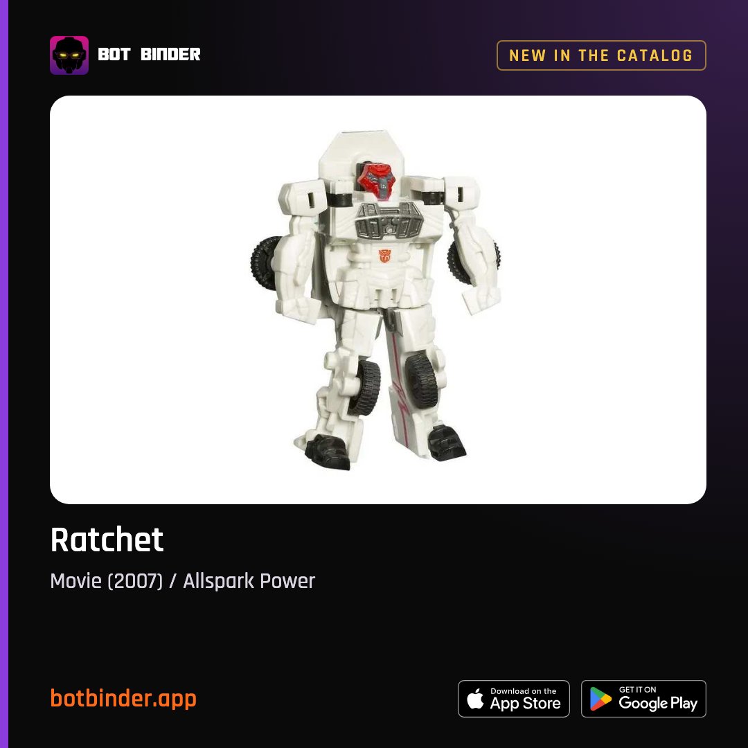 BotBinderApp's tweet photo. Just catalogued: Ratchet (Movie (2007)). That is 14245 figures tracked and counting.

https://t.co/waX7p2glel
#Transformers #Ratchet

Help us catalog every figure. Join us on Bot Binder. https://t.co/UIzfk4Zztt