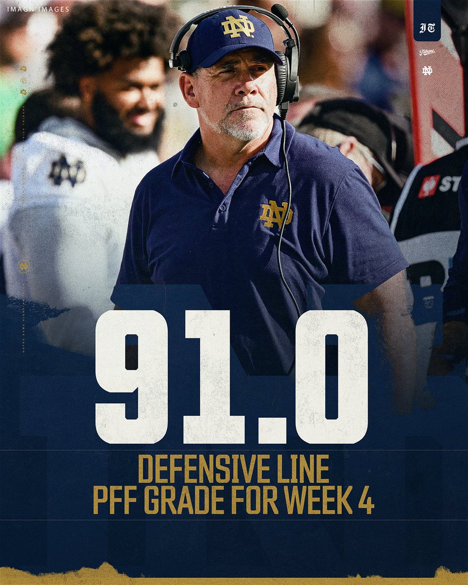 theirishtribune's tweet photo. Notre Dame’s Defensive Line received the highest PFF grade of any position group in Week 4, with a grade of 91.0.

The Defensive Line has recorded 29+ tackles for loss and 13 sacks through four games. Notre Dame is averaging 53.8 rushing yards allowed and 145.5 passing yards allowed per game.