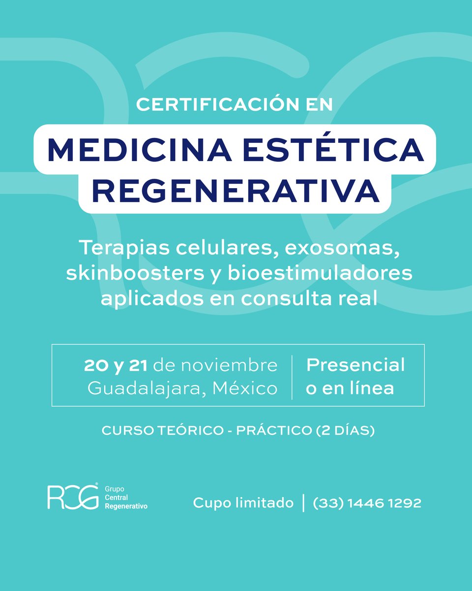 RCGmexico's tweet photo. 🎓 Una experiencia diseñada para llevar nuevos conocimientos a tu práctica clínica.

Actualiza tus conocimientos en la Certificación en Medicina Estética Regenerativa.

20 y 21 de noviembre | Guadalajara | Presencial o en línea

Conoce el programa:
https://t.co/lysyfFsTLm https://t.co/l0hgRzXC5v