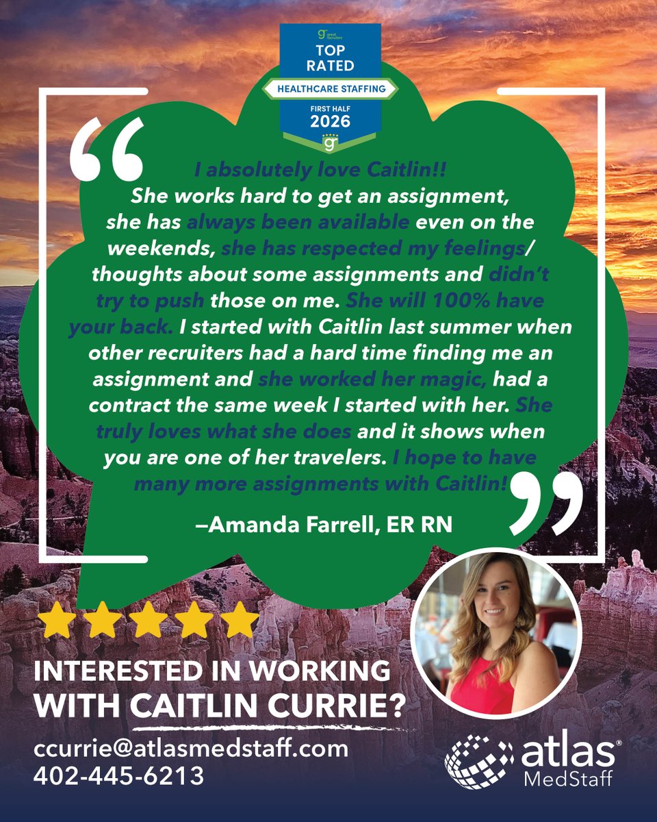 AtlasMedStaff's tweet photo. Find a recruiter who has your back and is not pushy. Like Caitlin! (Bio link in comments.)
#Recruiter #TravelNurse #TravelNurseLife #Travelhealthcare #5stars #Review #GreatRecruiter #HealthcareStaffing #GotYourBack #AtlasMedStaff https://t.co/p3AqsALfY1