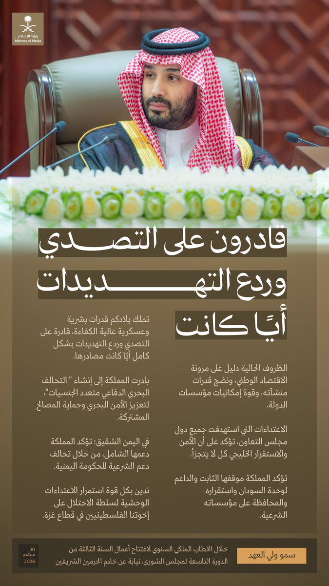 media_ksa's tweet photo. "بلادكم قادرة على التصدي وردع التهديدات بشكل كامل أيًا كانت مصادرها"؛ سمو ولي العهد خلال الخطاب الملكي السنوي لافتتاح أعمال السنة الثالثة من الدورة التاسعة لمجلس الشورى.