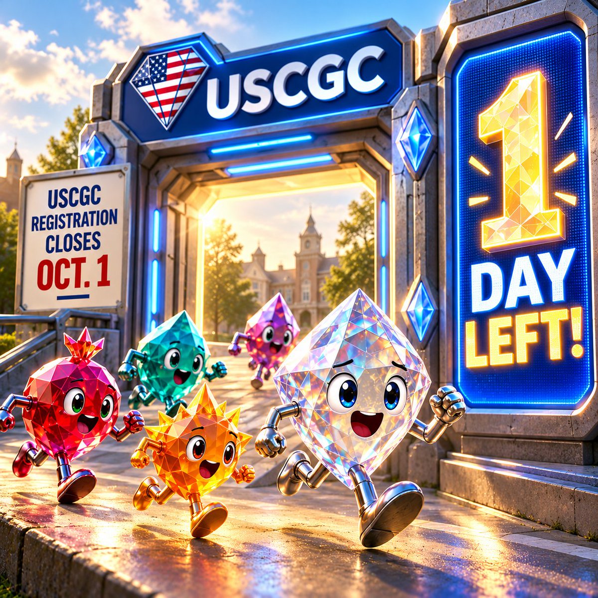 USCrystalComp's tweet photo. RUN, CRYSTALS, RUN!!!!!🏃💎 
Only ONE DAY LEFT to sign up for #2026USCGC! 🏁
The registration finish line is October 1!
There’s still time to join us and grow your biggest, best &amp; COOLEST 😎 crystals! 🧪💎
Sign up TODAY:
https://t.co/PcAi3gN8yj https://t.co/hEn14IEkqM