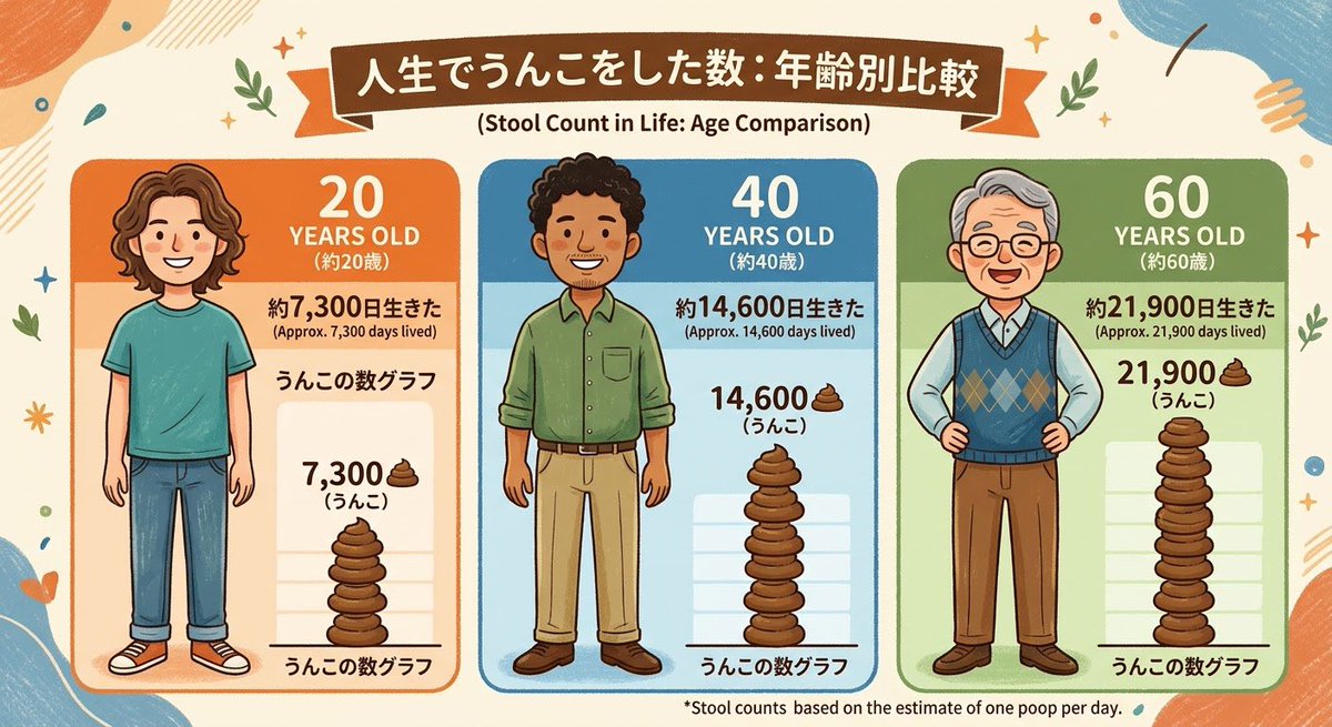 poop_revolution's tweet photo. 20歳、40歳、60歳の人がそれぞれ人生でうんこしてきた数です。
たくさんしてますね💩 https://t.co/rZTESD0ce6