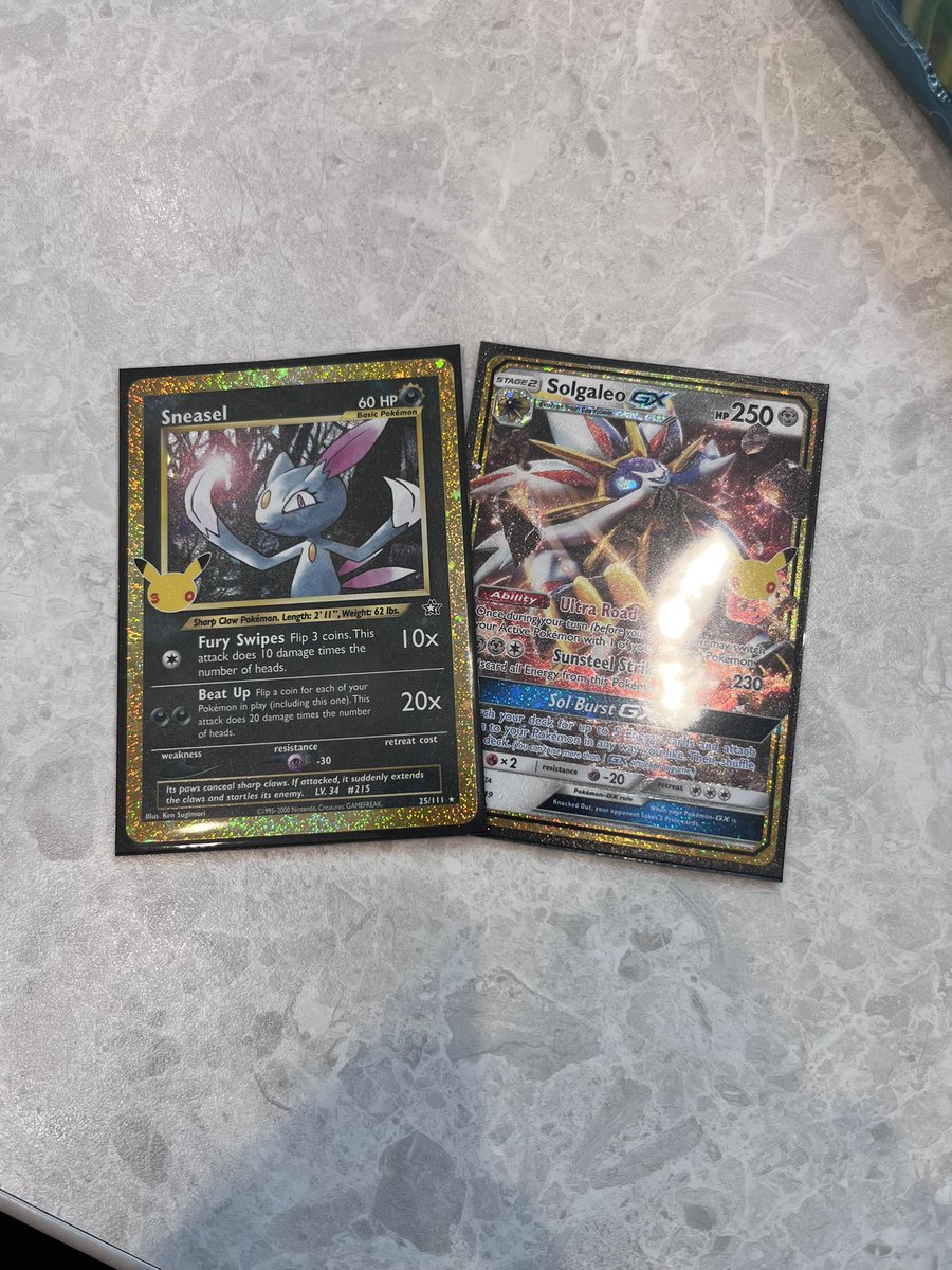 lostinthewiredd's tweet photo. 30th celebration has been so kind to me i got a knock out collection and pulled these in the two packs 🙂‍↕️ that sneasel card is beautiful in person im in love https://t.co/lkJ9b1SQwq