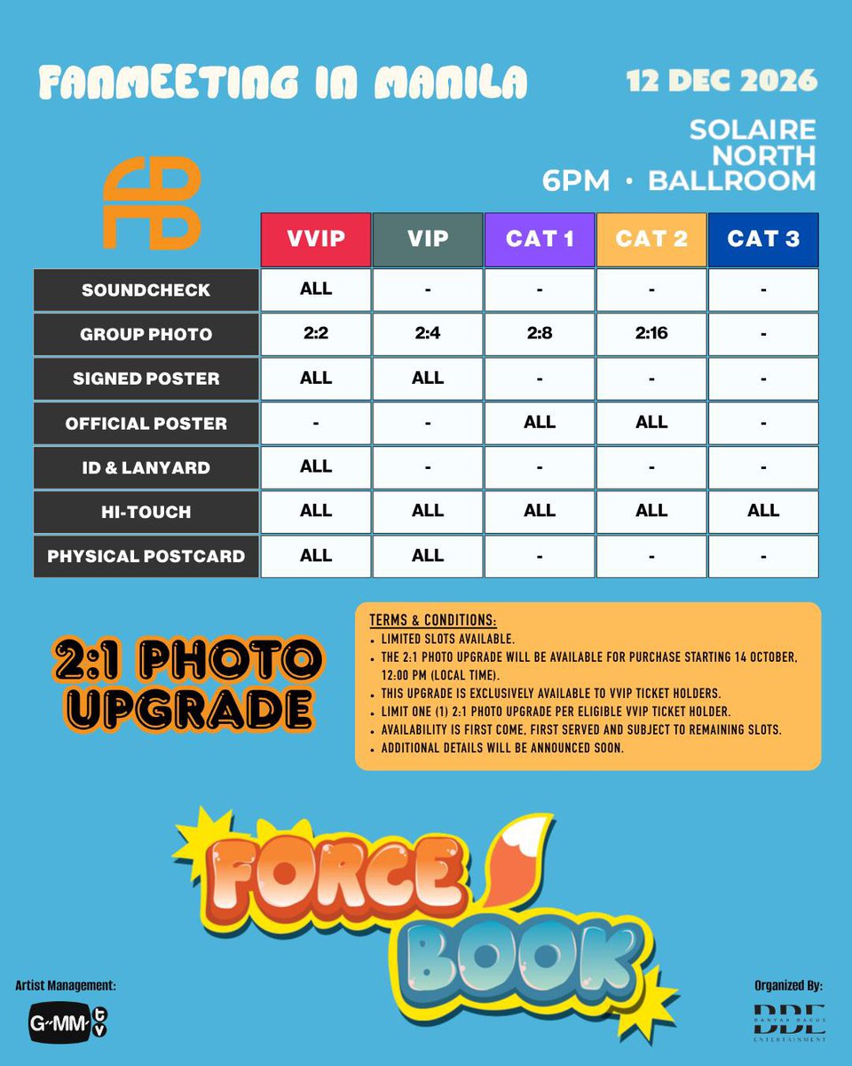 GMMTV's tweet photo. This year's plot twist just came!

The 🦊 and His 🍅 is coming back to Manila! 

Get ready for a day filled with kilig, laughter and unforgettable moments with ForceBook Fan Meet in Manila! 🦊🍅🍡✨

📍 Solaire North Ballroom
🗓️: December 12, 2026
⏰: 6pm

🎟️ : https://t.co/NO6HLsva3h

General sale : October 10th 2026 (12pm local time) 

#ForceBookFMinMNL2026
#GMMTV