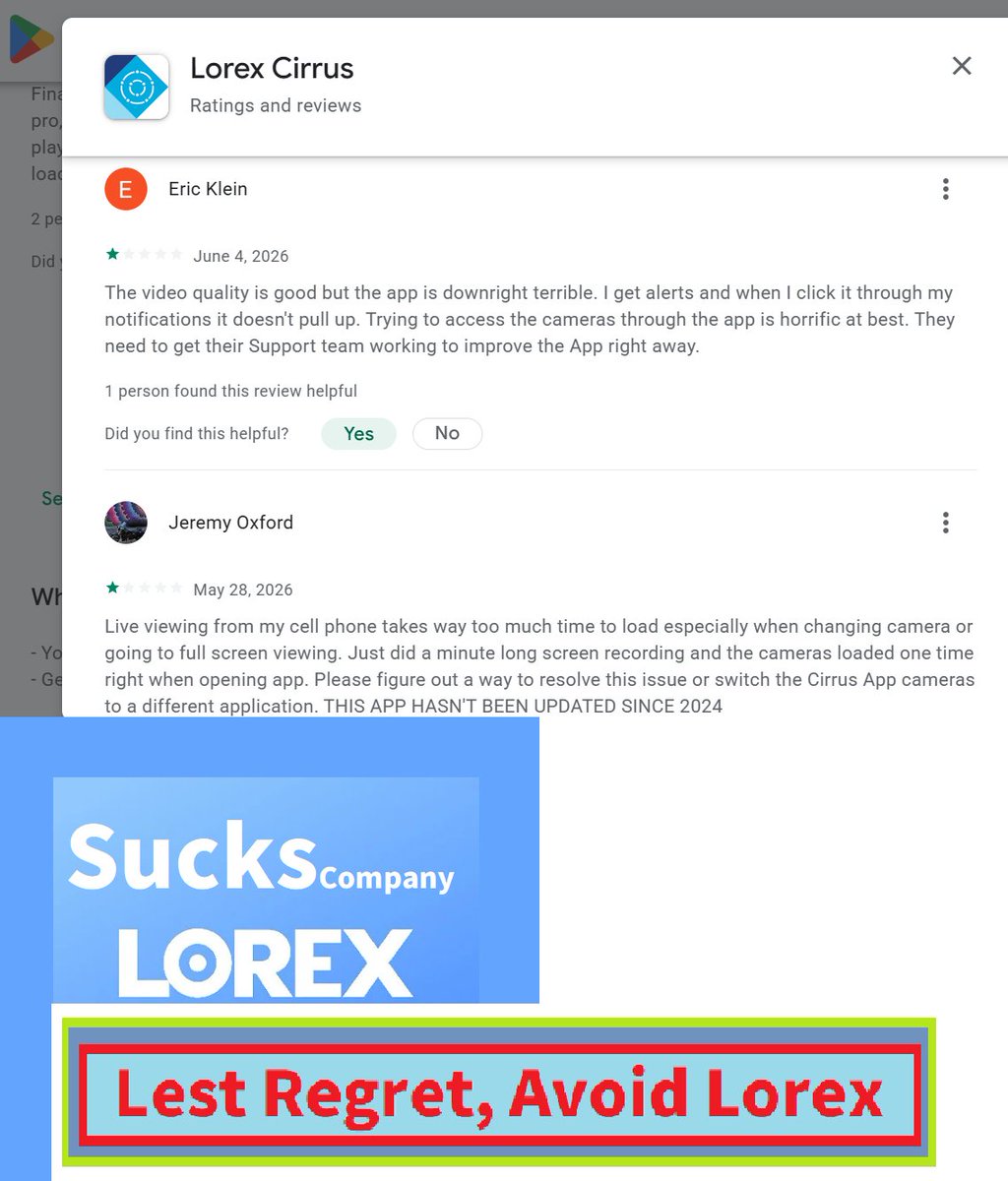 Goolorex's tweet photo. Shitty Lorex in Google-Play👎👎👎{Nuh Mordan 17 June 2026 I was getting ready to upgrade my cameras to a new Rolex system and I noticed neither doorbell camera nor the other ones are letting me watc ...  play back.}👎(Overall=>Garbage Lorex Camera/App)265. 2.301 https://t.co/xwmpyY709d