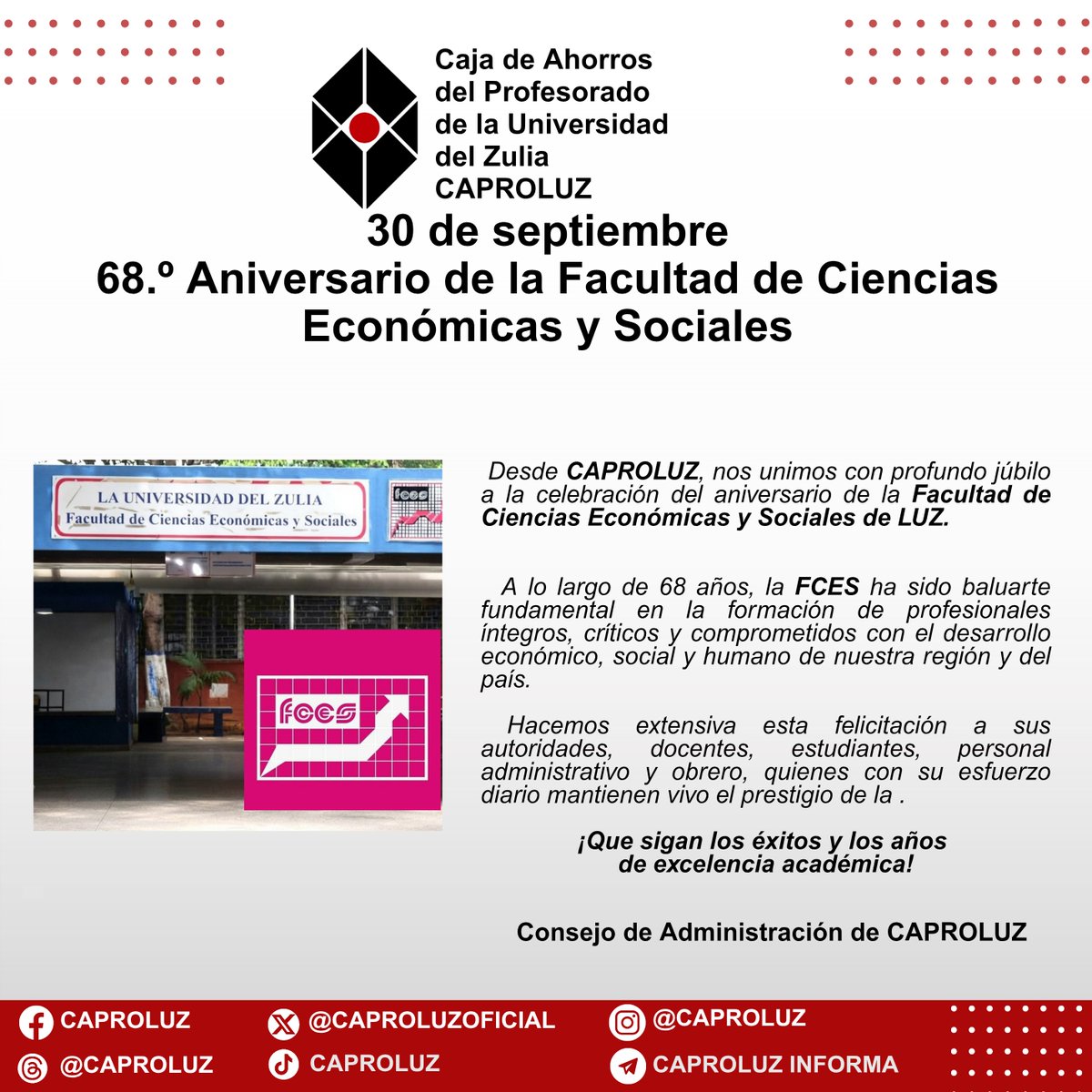 CAPROLUZOFICIAL's tweet photo. ¡Feliz 68.° Aniversario FCES!

#caproluz #FCES #LUZ https://t.co/erli9tDyUU