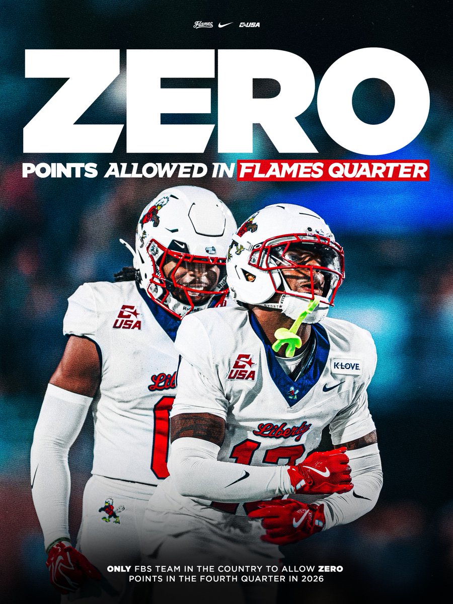 LibertyFootball's tweet photo. 0️⃣. Zero. Nada. 

The only FBS team in the country that hasn't allowed a fourth quarter point in 2026. https://t.co/mnvAPJVSkb