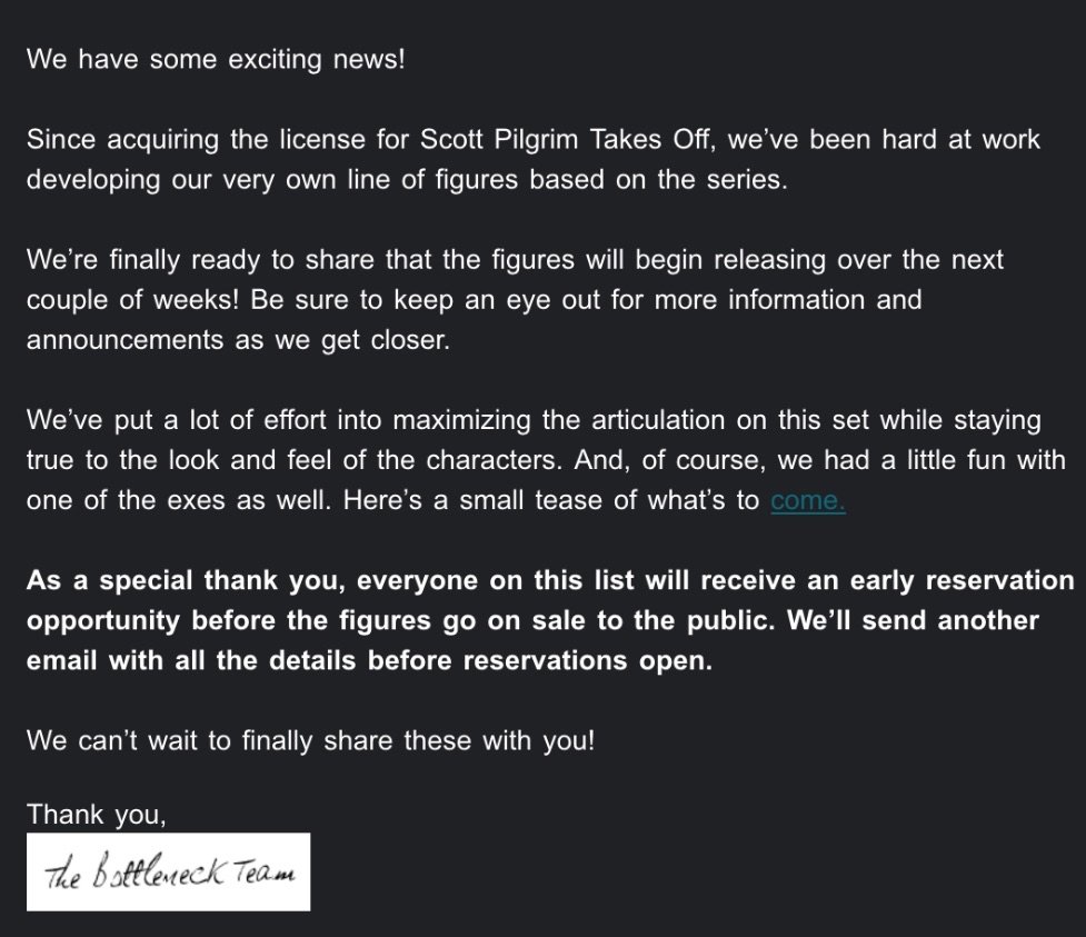 ThePilgrimScoop's tweet photo. Today on 11:31AM PST, Bottleneck sent off an email showing off what there new Scott Pilgrim Takes Off figures are going to look like which show Robot-01 and Scott Pilgrim.

If you’re wondering what that link that they provided looks like it’s just a link to the last episode of-🧵 https://t.co/FXdpRpZAvL
