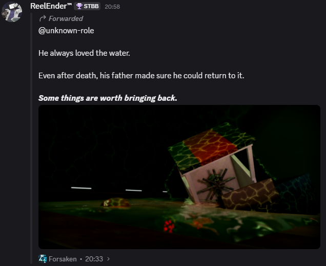 ReelEnder's tweet photo. Gator (Spent 1k Robux on that skin) or that fuckass Diver guy, im guessing from the map since its Chapter 4's map, clear by the boat.
#forsaken #roblox https://t.co/LBYb7bcSKm