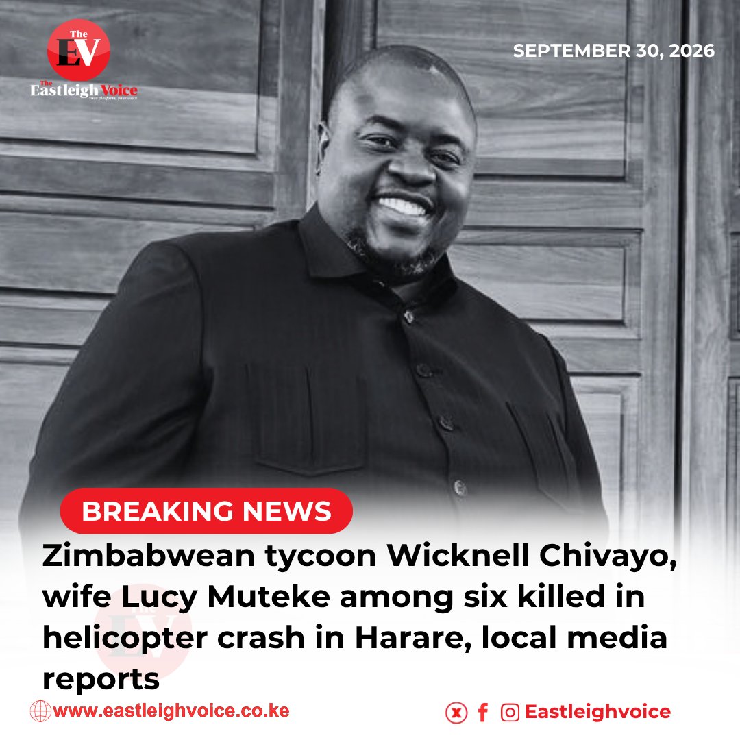 Eastleighvoice's tweet photo. BREAKING NEWS: Zimbabwean millionaire tycoon Wicknell Chivayo and his wife Lucy Muteke are among six people killed in a helicopter crash in Marondera.

Local media reported that the aircraft crashed in the Marondera Rural area around 5pm Zimbabwean time while carrying six people. There were no survivors.

Read More: https://t.co/9Dj9rUjXzR