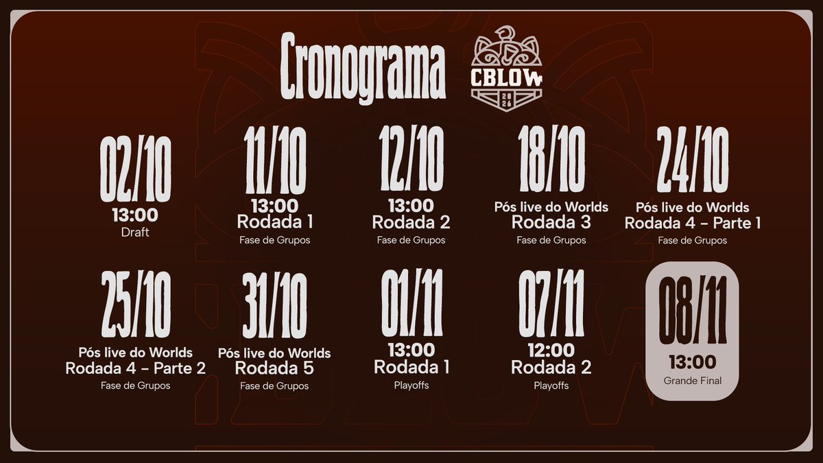CBLOW_BR's tweet photo. Bora conferir o cronograma dessa edição do CBLOw?

Já anota ai todas as datas e horários pra não perder nenhuma 📝 https://t.co/P6TOqFMEtj