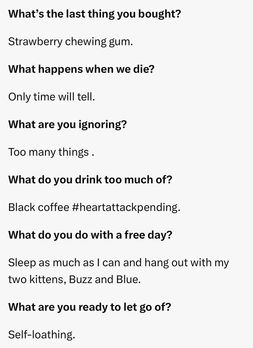 idkanyothergrls's tweet photo. Q. What do you love?
Bo. My name.

Q. What doesn’t make sense?
Bo. People who don’t like cats.

Q. What’s your biggest temptation?
Bo. A cig and a black coffee. 

Q. What are you running from?
Bo. I hate running.

Q. What are you ignoring?
Bo. Too many things. https://t.co/uVIm5dH3oP