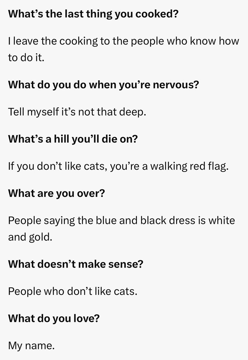 idkanyothergrls's tweet photo. Q. What do you love?
Bo. My name.

Q. What doesn’t make sense?
Bo. People who don’t like cats.

Q. What’s your biggest temptation?
Bo. A cig and a black coffee. 

Q. What are you running from?
Bo. I hate running.

Q. What are you ignoring?
Bo. Too many things. https://t.co/uVIm5dH3oP