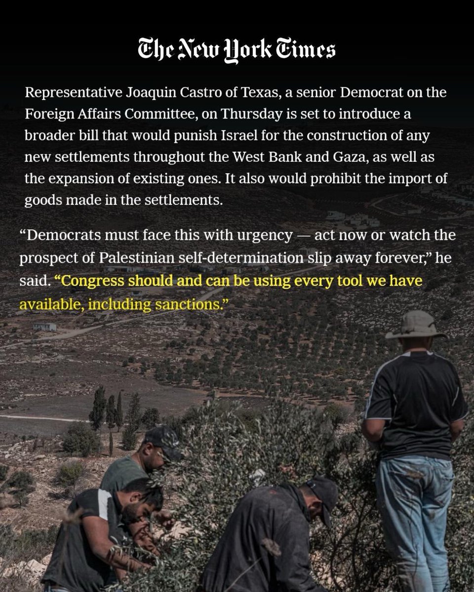 JoaquinCastrotx's tweet photo. Under Netanyahu’s government, settlers are engaged in a violent land grab that’s ripping Palestinians from their land.

Sanctions can help stop it.

The Stop the Settlements Act gives any person or company looking to take Palestinian land in the West Bank or Gaza a choice: if you pursue settlements, you can’t do business with the United States.