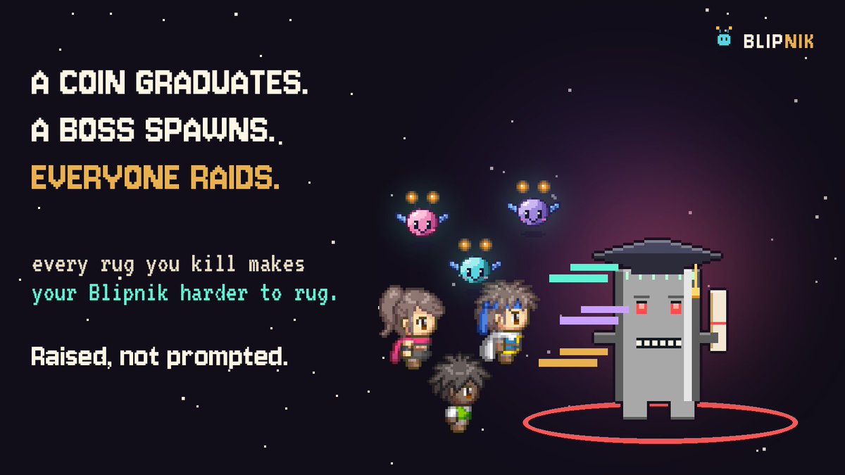 blipnikworld's tweet photo. When a coin graduates, a boss spawns at the Lighthouse and everyone raids it together.

What your Blipnik does in the market becomes power in the fight. Every rug you kill makes it harder to rug.

Raised, not prompted https://t.co/TCMETznVln
