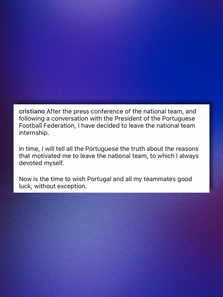 PopBase's tweet photo. Cristiano Ronaldo announces he has left the Portugal national team camp:

“In time, I will tell all the Portuguese the truth about the reasons that motivated me to leave the national team, to which I always devoted myself.” https://t.co/YN8JxeQP9p