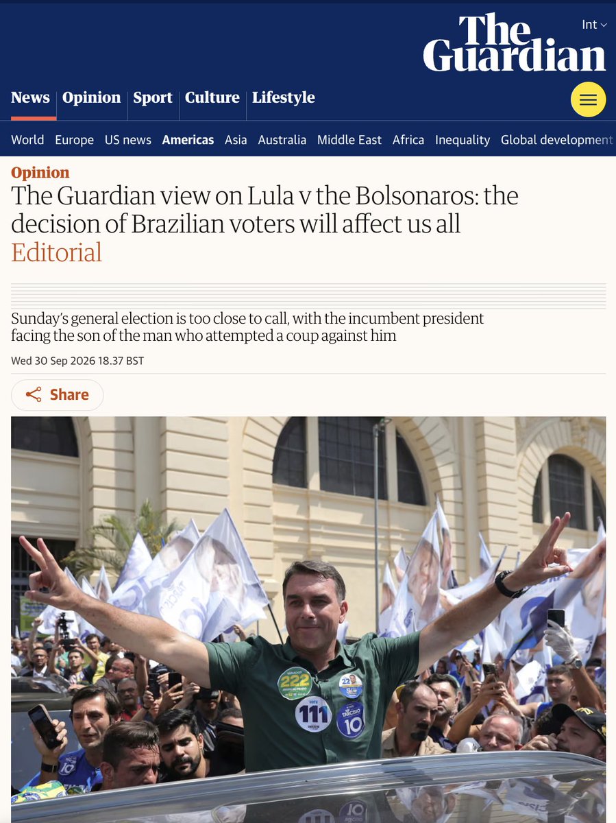 AndrewDFish's tweet photo. THE GUARDIAN: “Uma presidência de Bolsonaro seria ruim para as mulheres, os pobres e as minorias. A democracia provavelmente seria sua primeira vítima, em nível local. Mas o clima certamente seria outra — com consequências para todos nós.” https://t.co/NKkdtpbgoh