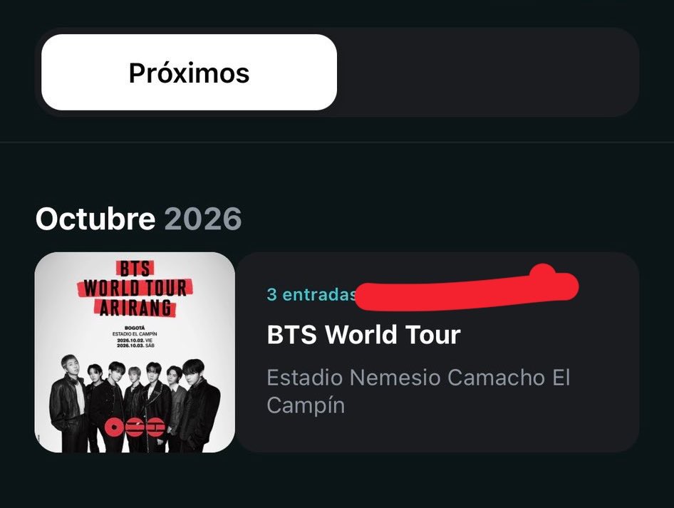 dyiine's tweet photo. Heyyy!
Wts Ventas 3 boletas para BTS el 3 de octubre en Colombia.
Sección 8, Fila A, asientos 30 - 32, Sur Alta.
$650.000 cada una..

Si estás interesada, mándame un  #bts #BTS_WORLDTOUR_ARİRANG #colombia #bagota #BTS_ARİRANG.,.🎀. https://t.co/qkobjyTcQ8