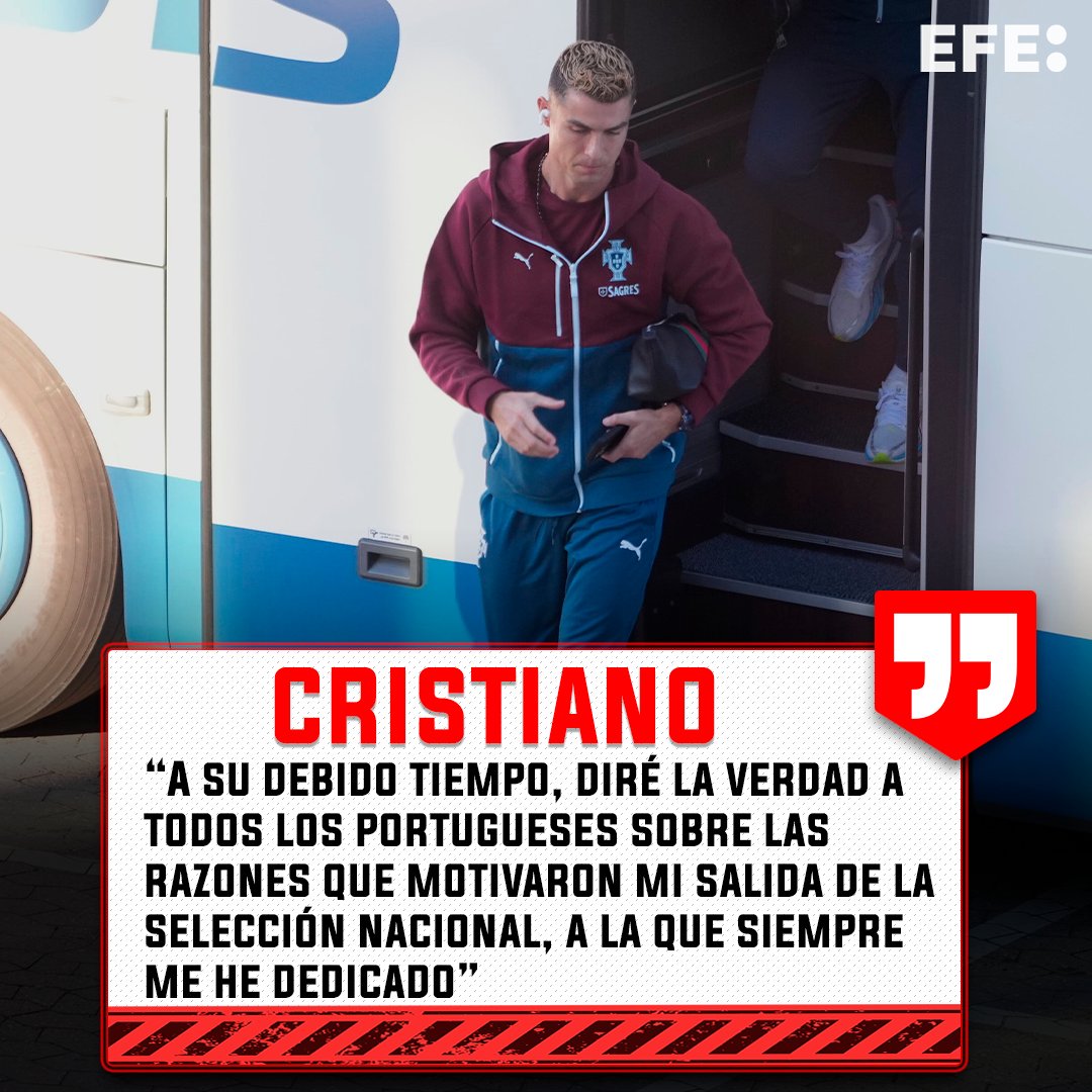 EFEdeportes's tweet photo. 🔥Cristiano Ronaldo deja la concentración de Portugal y promete explicar los motivos.

👉Tomó la decisión después de la comparecencia del seleccionador Jorge Jesús. 

✍️"Ahora es el momento de desear buena suerte a Portugal", en un comunicado que no anuncia una retirada definitiva del combinado luso.