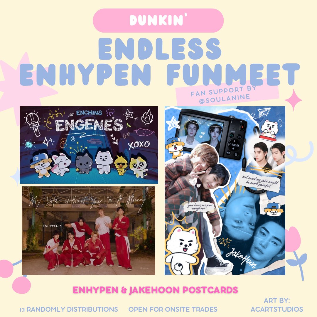 soulanine's tweet photo. ENHYPEN ENDLESS DUNKIN FUN MEET 
fan support by: @soulanine 
Art by:  @acartstudios 

🌱rt &amp; like
🌱1:1 only 
🌱 on the spot trades will receive 2-3 each 

#DunkinPH_ENDLESS #ENDLESSFunmeet
#ENHYPEN https://t.co/193vanYZjp