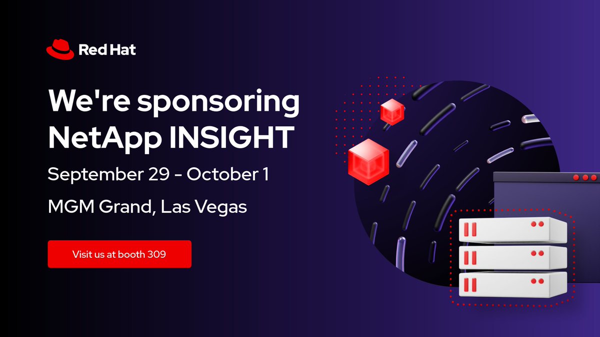 RedHatEvents's tweet photo. Visit Red Hat this week at #NetAppINSIGHT! ๐
Stop by booth 309 to explore joint solutions with @NetApp that simplify data, infrastructure, and VM management across on-prem and hybrid cloud environments. Watch a demo, chat with an expert, and grab a fedora! #RedHatOpenShift https://t.co/QEuGz9KbNM