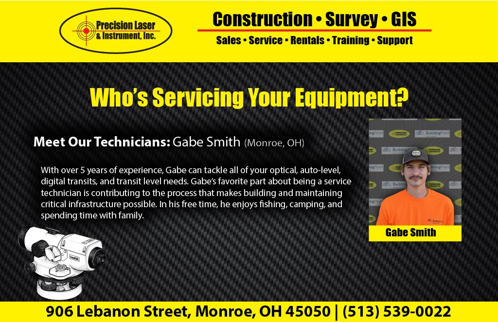 PrecisionLaser1's tweet photo. Meet Your Local #PLI Service Technician, Gabe Smith!
#Geospatial #GeospatialLife #GeospatialSolutions #GeospatialTech #GeospatialTechnology #SurveyLife #Surveying #LandSurveying #EngineeringLife #OpticalInstrument #OpticalInstruments #NSPS #PLS https://t.co/wh5N4CeJ1f