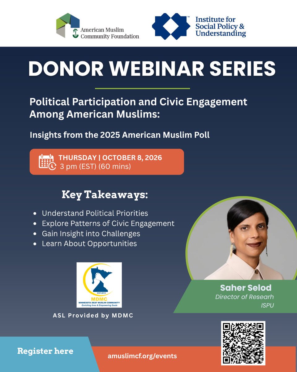 AMuslimCF's tweet photo. What does the data tell us about American Muslim civic and political participation?
RSVP: https://t.co/WWlyLx4yqL

#AMCF #ISPU #AmericanMuslimPoll #CivicEngagement #AmericanMuslims #MuslimProfessionals https://t.co/iD3N9B36Xx