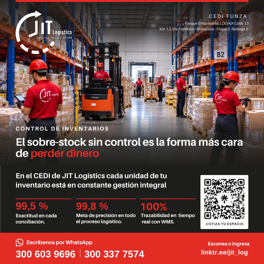 logistics_jit's tweet photo. El Sobre-stock sin control es la forma más cara de perder dinero.
Nuestro estándar: exactitud ≥99,5% en cada conciliación.
https://t.co/BFTGU4xEBQ
#ControlDeInventario #WMS #3PLColombia https://t.co/vkpKTL8WYb