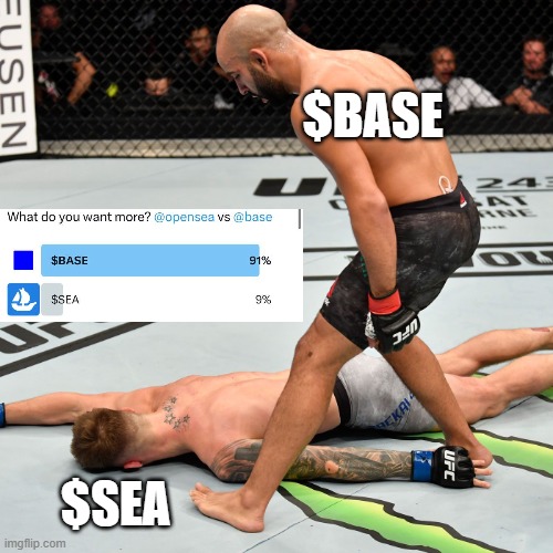 A meme featuring two UFC fighters, with the standing one labeled "$BASE" and the grounded one labeled "$SEA," overlaid with a Twitter poll result of "$BASE" at 91% and "$SEA" at 9%.