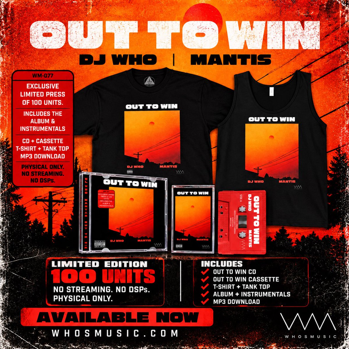 WHOSMUSICLLC's tweet photo. OUT TO WIN — COMPLETE BUNDLE 📼💿👕

@DJWho1 &amp; Mantis. No streaming. No DSPs. Physical only.

💿 CD + 📼 Cassette
👕 Official merch (T-Shirt &amp; Tank)
🎵 MP3 download included

Only 100 CDs &amp; cassettes pressed.

Available now at https://t.co/IL6NjWxKoO https://t.co/T53RlAUH26
