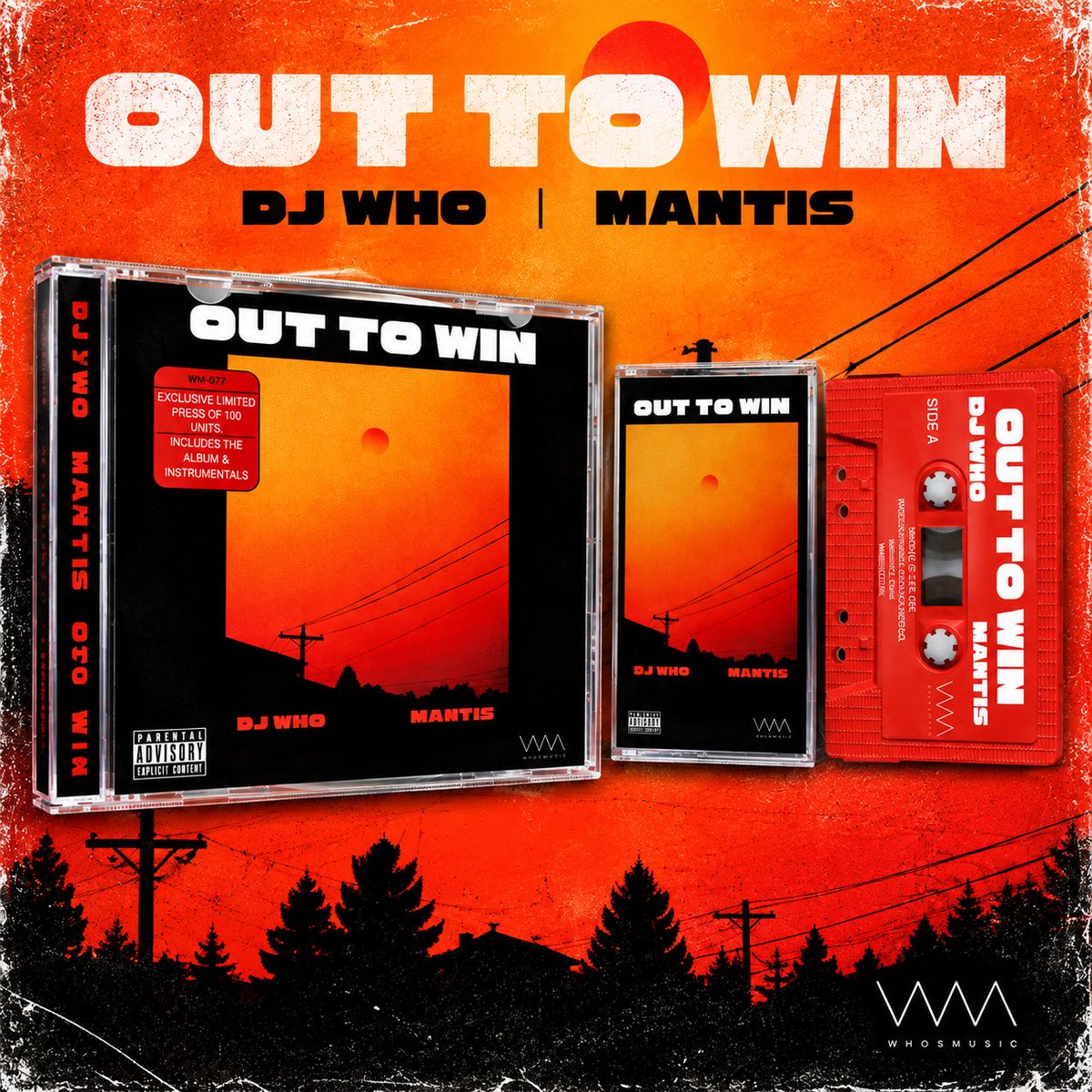 WHOSMUSICLLC's tweet photo. OUT TO WIN — COMPLETE BUNDLE 📼💿👕

@DJWho1 &amp; Mantis. No streaming. No DSPs. Physical only.

💿 CD + 📼 Cassette
👕 Official merch (T-Shirt &amp; Tank)
🎵 MP3 download included

Only 100 CDs &amp; cassettes pressed.

Available now at https://t.co/IL6NjWxKoO https://t.co/T53RlAUH26