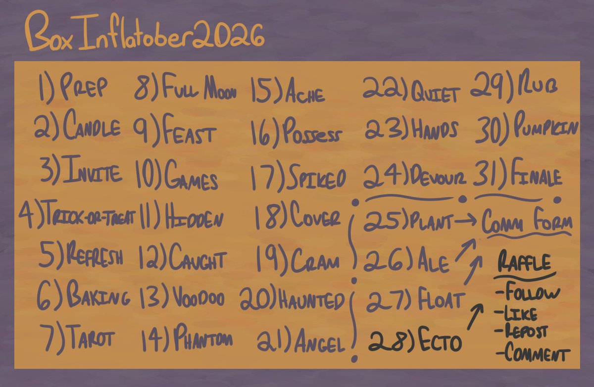 boxsynonym's tweet photo. Here's my prompt list!

Days 25-27 are going to be chosen via what's written!!
Day 28 will be a raffle celebrating 8000 followers! Please do the steps required to be entered :3

The form will be in my bio and in the comments!
If you participate, use #boxinflatober2026 and tag me! https://t.co/VOAsQLOVng