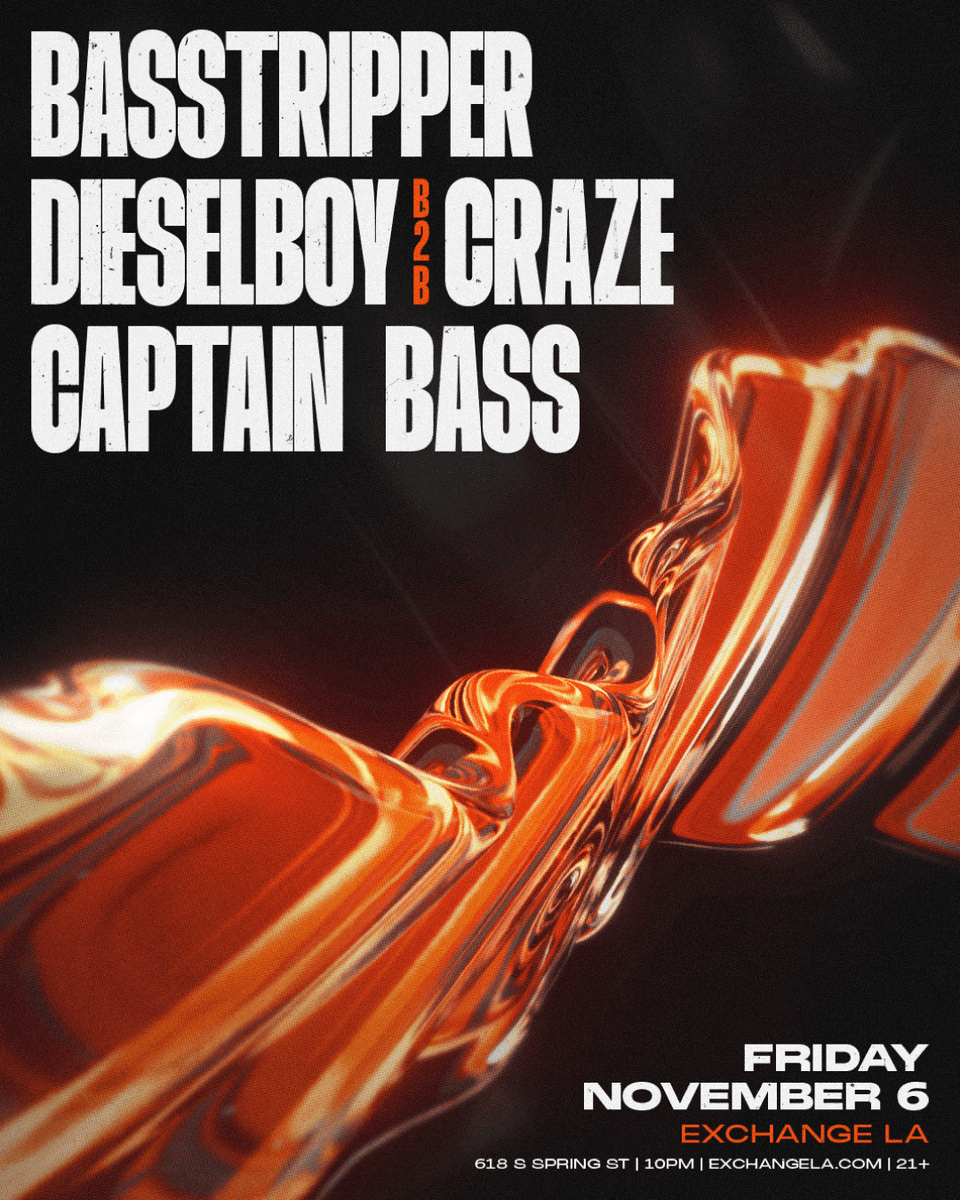 ExchangeLA's tweet photo. Drum n Bass is back in DTLA with @BasstripperDJ, #dieselboy b2b #craze, and #captainbass on Friday 11/6 ᯓ➤

Tickets on sale now: https://t.co/hh1U1IHrCR https://t.co/0tGPGdsRIL