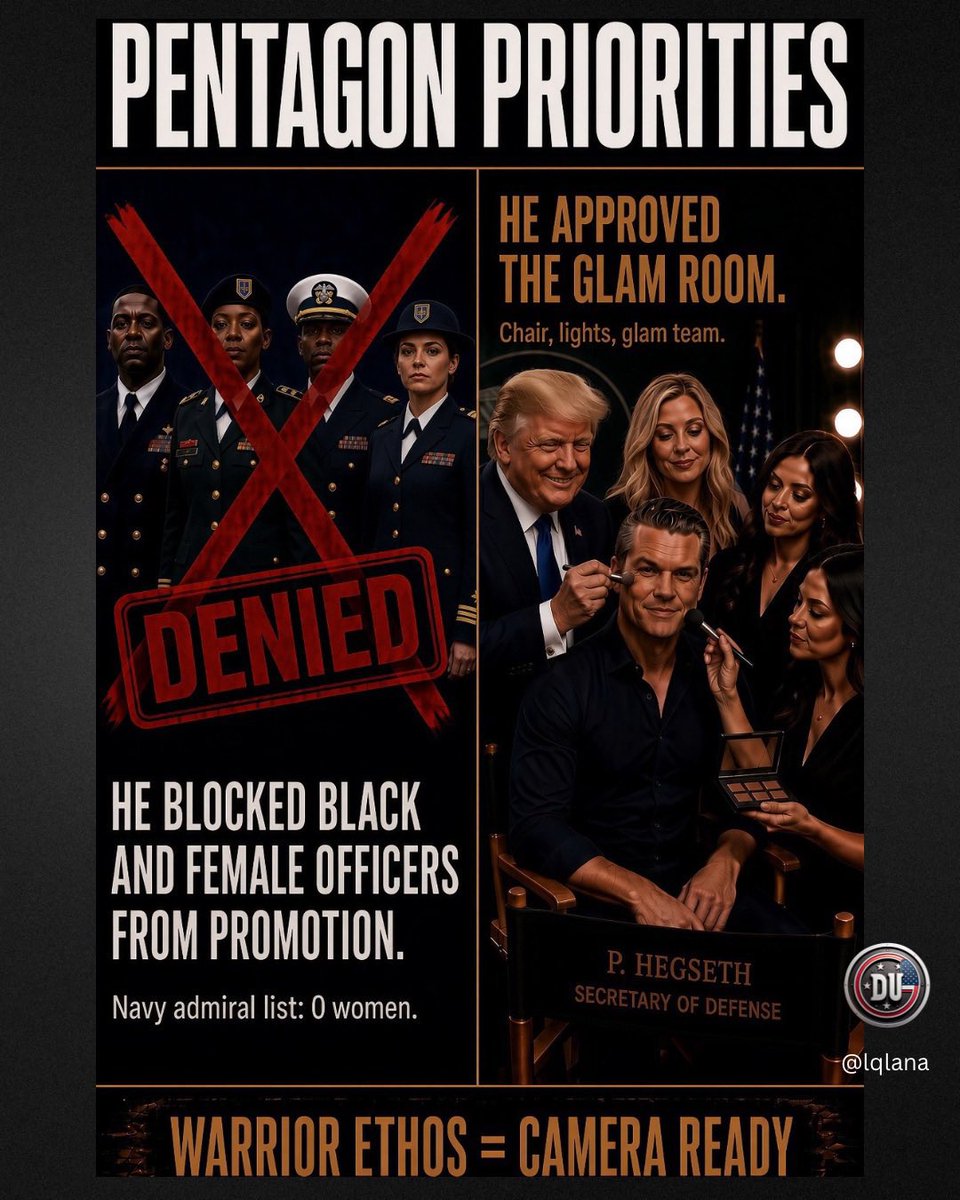 LqLana's tweet photo. Allegations of rape. Is an alcoholic. Has run small organizations into the ground and yet he wants to fire experienced military for being fat, Black, a woman or trans. 

Hegseth said he needed to increase the standards for the military while he asked Senators to lower the standards for him.

Hegseth is a former Fox News host. He didn't earn his position. His appointment wasn't merit-based. Trump just believed he looked good on camera apparently so does Hegseth. 
#DemsUnited